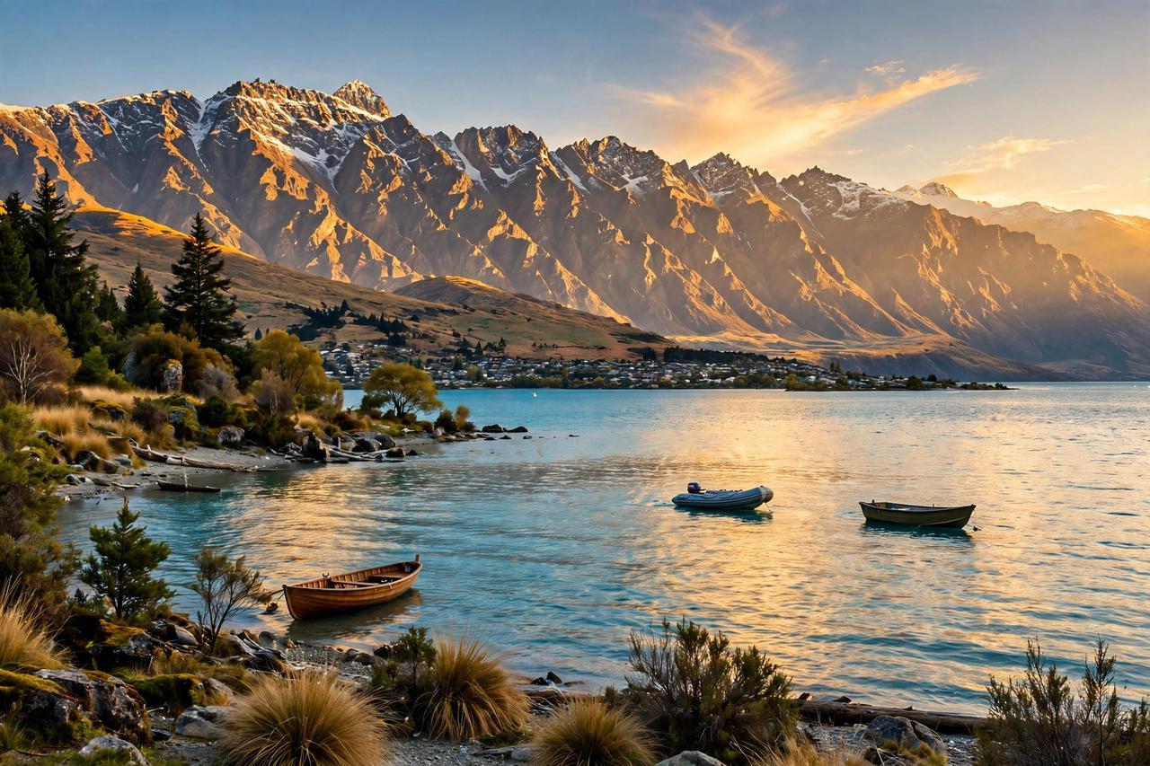 Du Học New Zealand 2027 Nên Chọn Thành Phố Nào? So Sánh 4 Hồ Wakatipu và dãy núi Remarkables tại Queenstown New Zealand lúc hoàng hôn