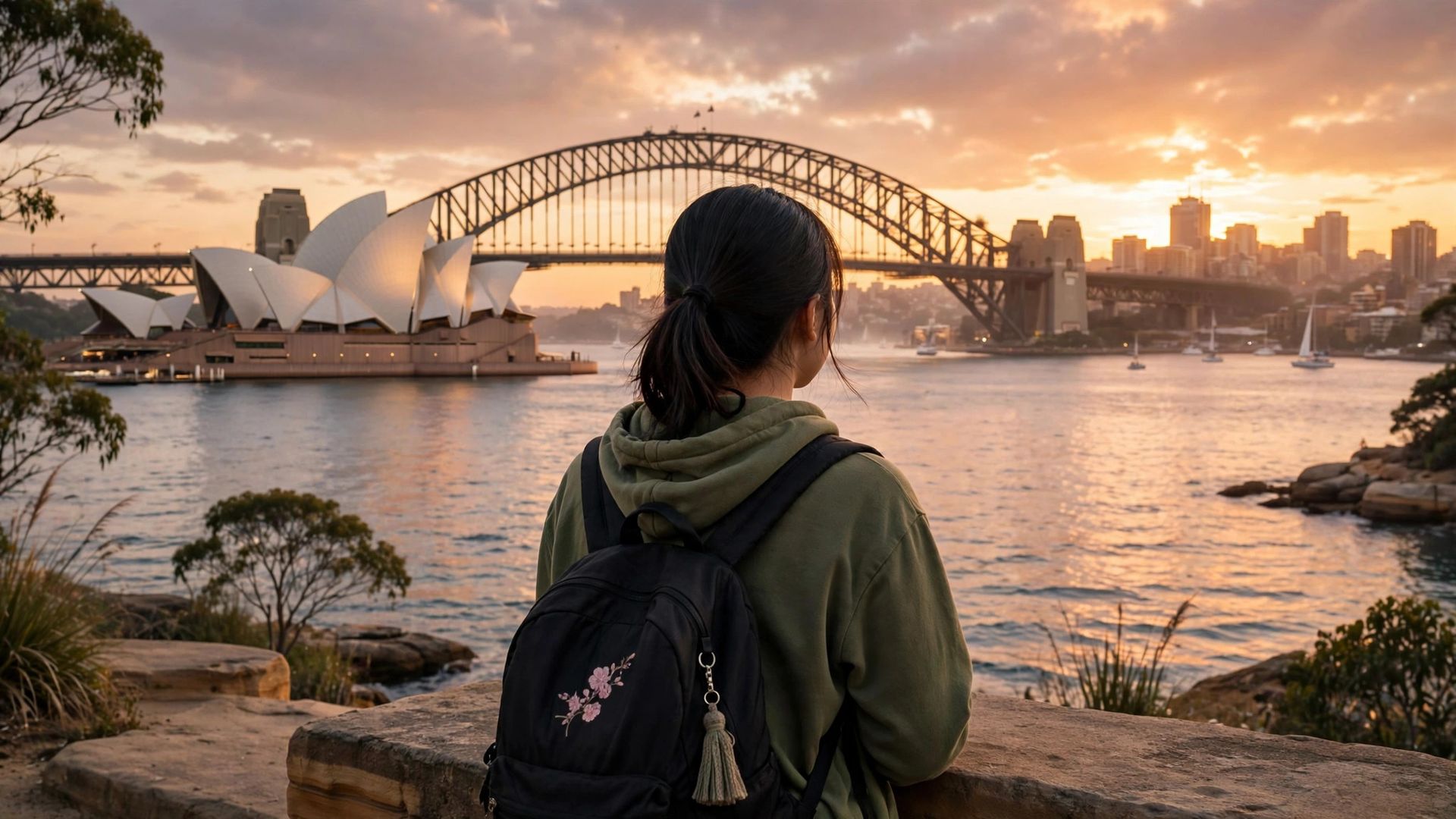 Chi phí du học Úc 1 năm 2027: Học phí + sinh hoạt chi tiết 4 Du học sinh ngắm Sydney Harbour lúc hoàng hôn