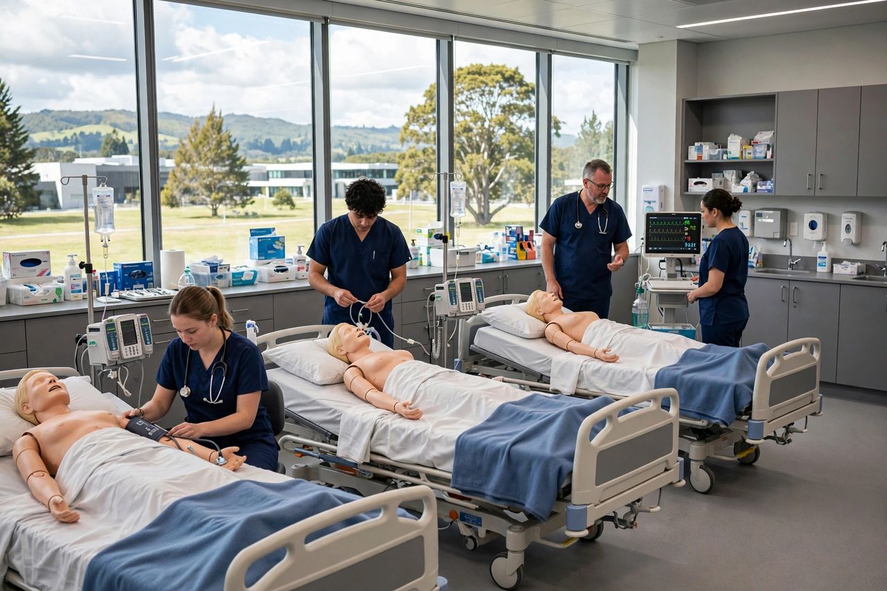 Du Học New Zealand NorthTec 2027: Học Phí, Học Bổng & Visa 3 Sinh viên ngành điều dưỡng thực hành tại phòng mô phỏng lâm sàng hiện đại của NorthTec