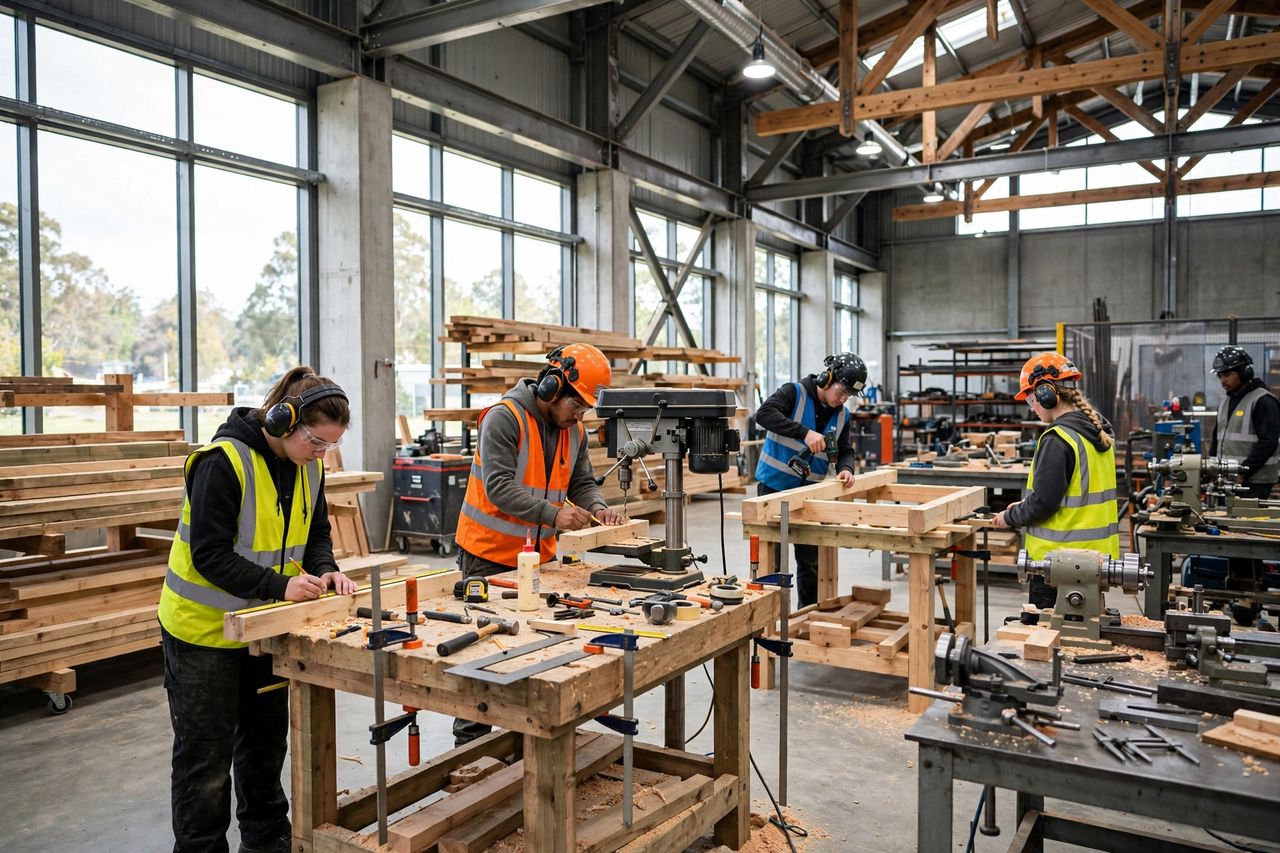 Du Học New Zealand NorthTec 2027: Học Phí, Học Bổng & Visa 4 Sinh viên ngành kỹ thuật xây dựng thực hành tại xưởng trades hiện đại của NorthTec Whangarei