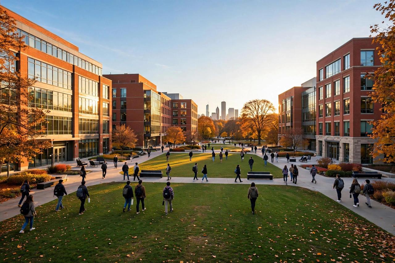 University of Illinois Chicago 2027: Học phí & điều kiện 4 Khuôn viên Đại học Illinois Chicago (UIC) với các tòa nhà gạch đỏ hiện đại và sinh viên đi bộ trên sân cỏ