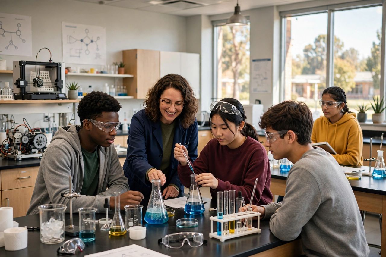 Windermere Prep 2027: Học Phí, Học Bổng & Tuyển Sinh 3 Học sinh Windermere Preparatory School trong phòng lab STEAM hiện đại