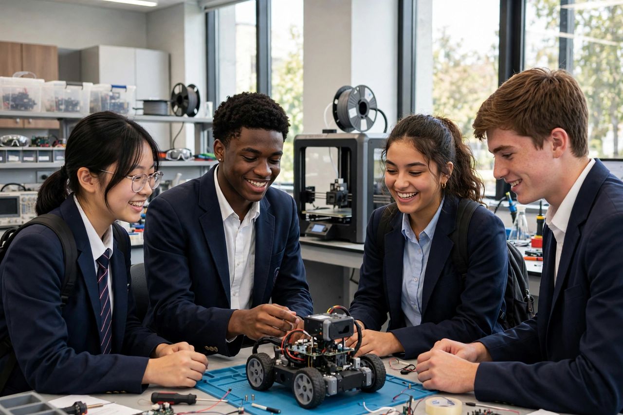Wilbraham & Monson 2027: Học Phí, Học Bổng & Tuyển Sinh 3 Học sinh Wilbraham & Monson Academy trong phòng lab STEM hiện đại