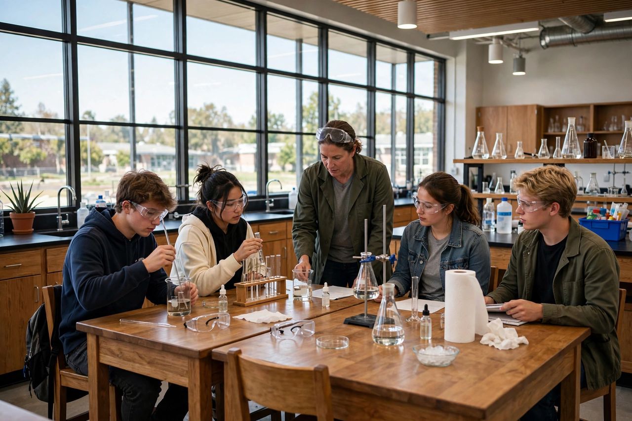 Worcester Academy 2027: Học Phí, Tuyển Sinh & Review 3 Học sinh Worcester Academy thực hành thí nghiệm khoa học trong phòng lab hiện đại cùng giáo viên